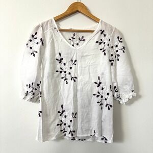 Kindred Anthropologie Embroidered Floral Blouse PL White Cottagecore Peasant